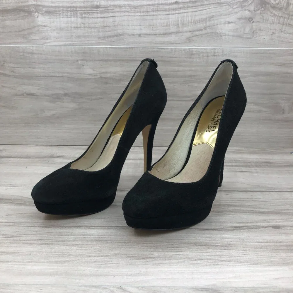 Michael Kors Heels Womens 7.5M York Black Suede Slip on Stiletto Platform Shoes